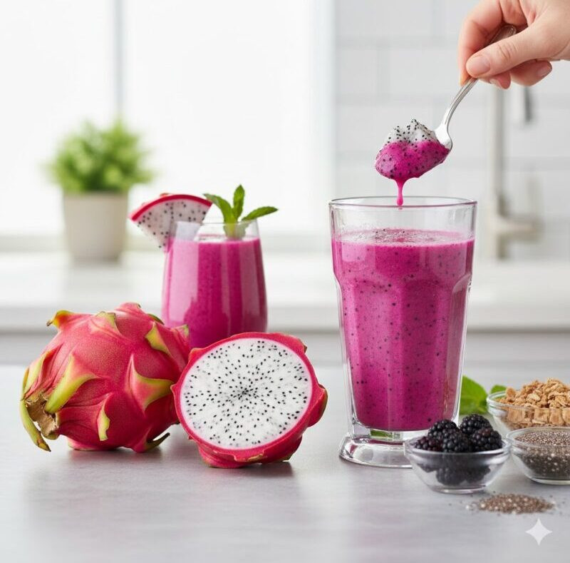 Ejder meyvesi smoothie tarifi; mutfak tezgahında bütün, yarım ve dilimlenmiş ejder meyvesi ile yapım aşamasındaki mor renkli ejder meyvesi smoothie.