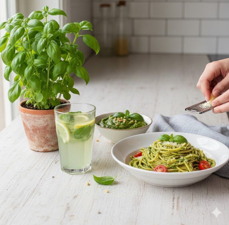 Fesleğen faydaları anlatan taze yeşil fesleğen saksısı, yapraklarından yapılmış yeşil pesto sosu ve İtalyan salatası içinde fesleğen yaprakları.