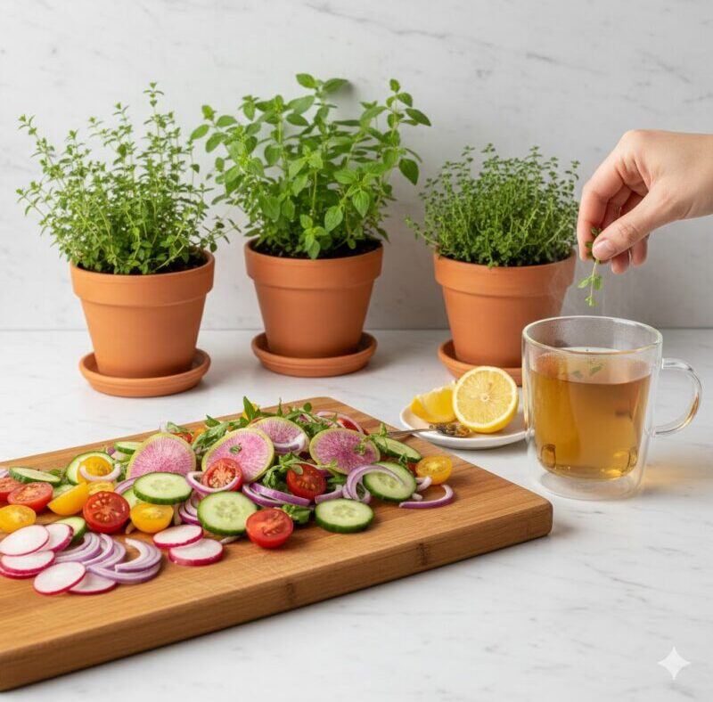 taze dağ kekiği demeti, kurutulmuş kekik faydaları baharatı ve bir bardak sıcak kekik çayı.