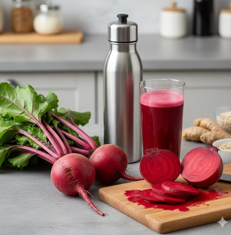 kırmızı pancar faydaları için taze yeşil yapraklı bütün pancarlar ve dilimlenmiş kırmızı pancar kökü.