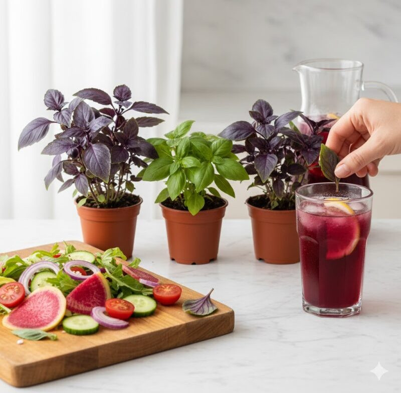 Reyhan faydaları için taze mor reyhan demeti, bir bardak mor reyhan şerbeti ve yemeklerde kullanılan kuru reyhan baharatı.