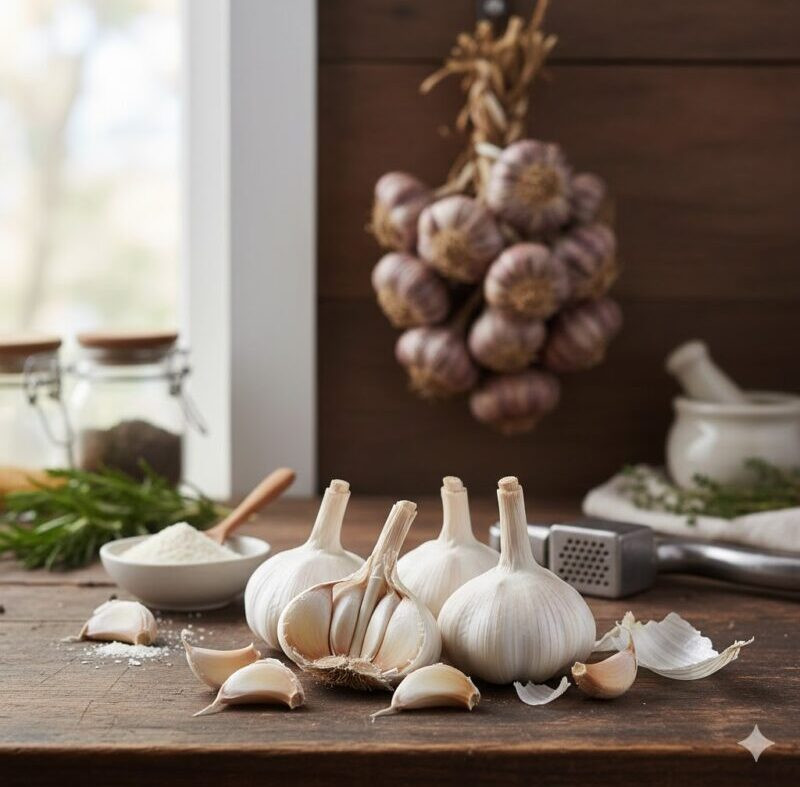sarımsağın faydaları için bütün sarımsak başları ve soyulmuş sarımsak dişleri.