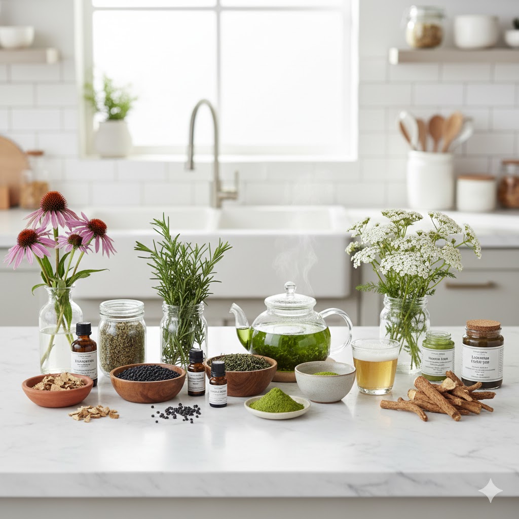 Hangi bitki neye derman olur sorusuna cevap veren; ekinezya, biberiye, hayıt tohumu, yeşilçay, civan perçemi ve meyan kökünün mutfak ortamında çay, yağ ve kür olarak hazırlandığı doğal reçete görseli.