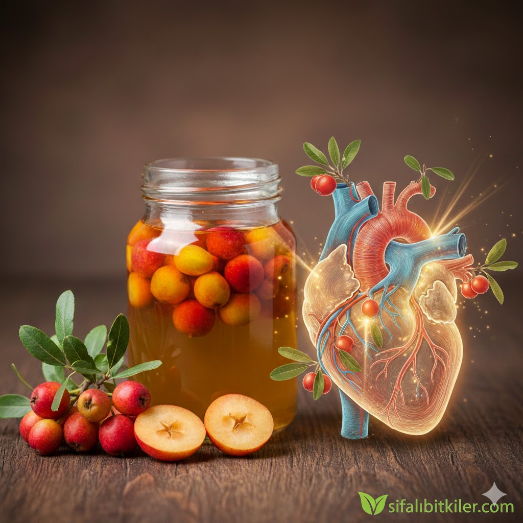 Şeffaf bir şişede altın sarısı alıç sirkesi, yanında taze alıç meyveleri ve arka planda alıç sirkesinin damar tıkanıklığına faydaları konusunu işleyen kalp sağlığını simgeleyen estetik bir sunum.