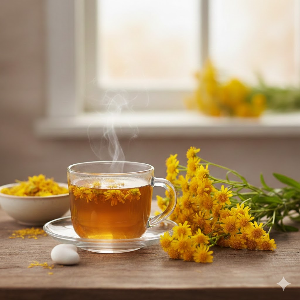 Bir fincan sıcak altın otu çayı ve yanında kurutulmuş altın otu çiçekleri; altın otu böbrek taşı döker mi sorusuna yanıt arayanlar için doğal bir sunum.