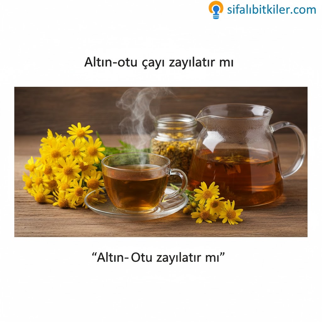 Yanında kurutulmuş sarı altın otu çiçekleri bulunan, dumanı üstünde tüten cam bir fincan altın otu çayı; altın otu zayıflatır mı sorusuna doğal bir yanıt.