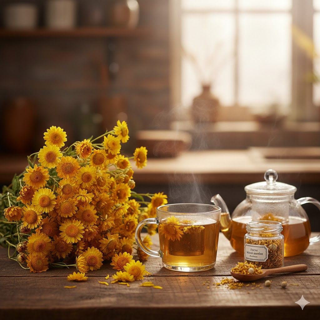 Yanında kurutulmuş sarı altın otu çiçekleri bulunan, dumanı üstünde tüten cam bir fincan altın otu çayı; altın otu zayıflatır mı sorusuna doğal bir yanıt.