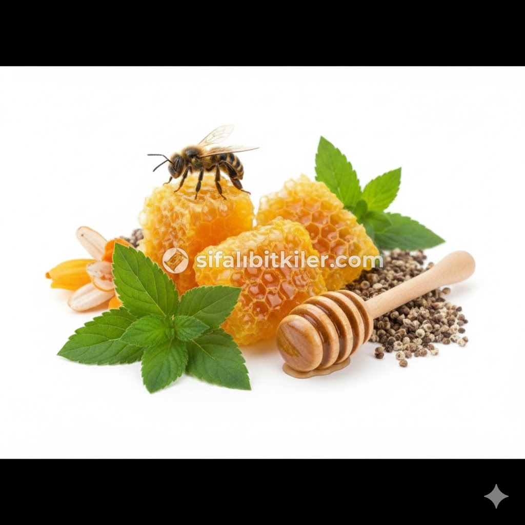  arı ürünleri, petek balı, polen ve yanında demlenmeye hazır taze şifalı bitki demetleri.