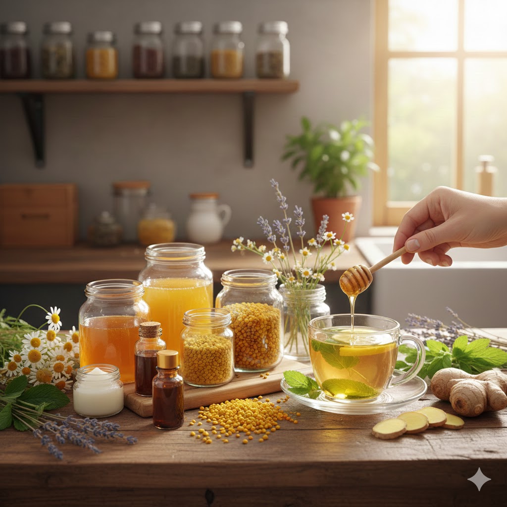 Mutfak tezgahında şık kavanozlarda sunulan arı ürünleri, petek balı, polen ve yanında demlenmeye hazır taze şifalı bitki demetleri.