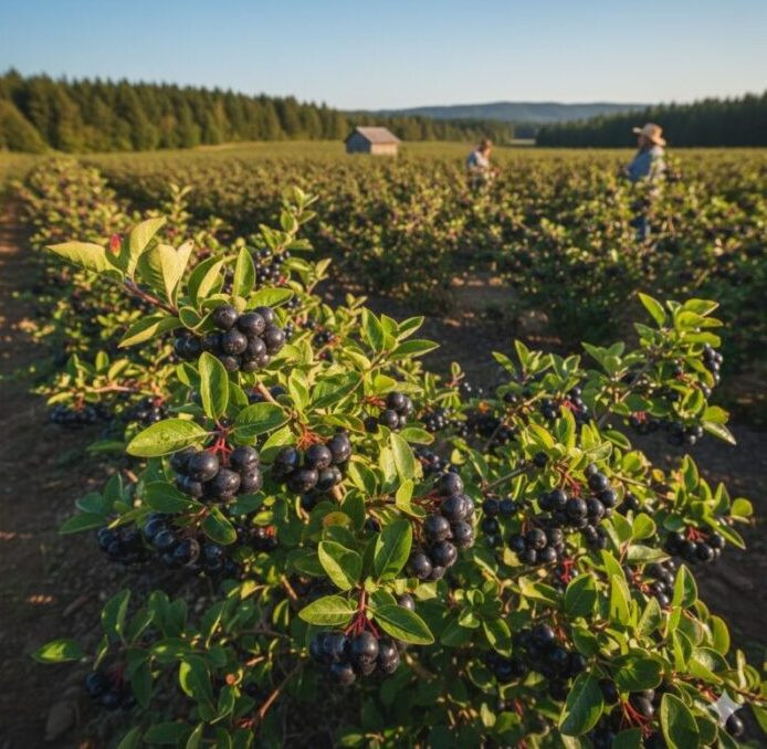 Doğal aronya tarlası üzerinde dalında salkım salkım duran taze ve koyu mor aronya meyveleri; aronya faydaları ve doğal hasat sürecini simgeleyen panoramik bahçe görünümü