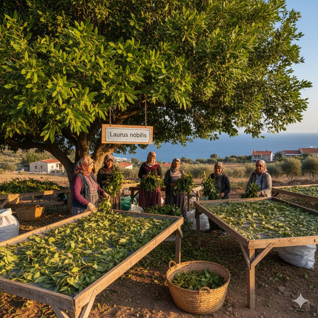 Güneşli bir günde yemyeşil defne ağaçlarından defne yaprağı dallarını toplayan işçiler