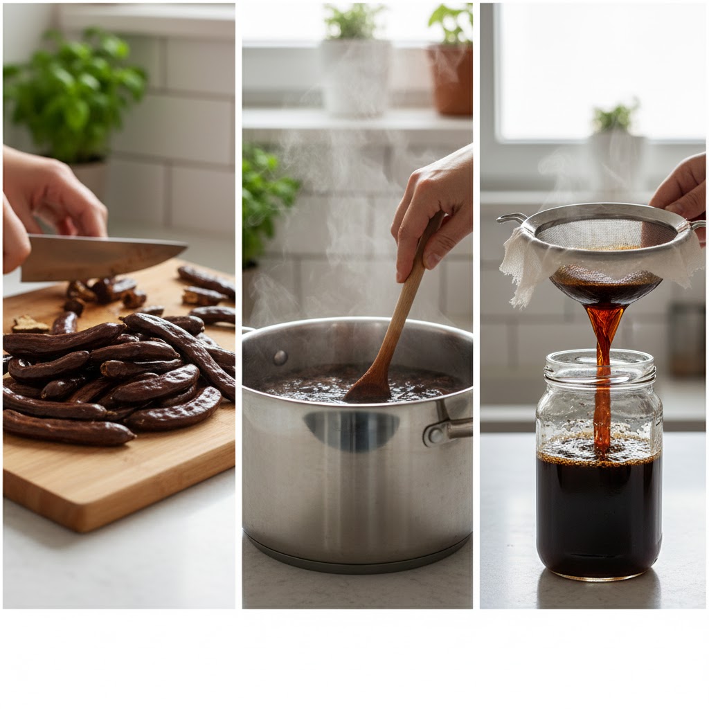 Mutfak tezgahında cam kavanozda keçiboynuzu özü ve yanında bu özün üretiminde kullanılan taze keçiboynuzu meyveleri.