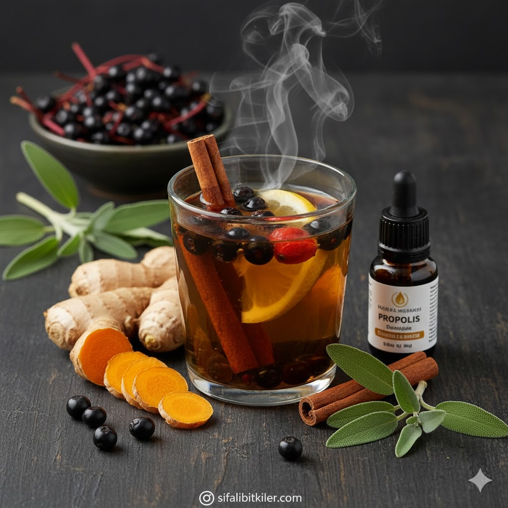 Kara mürver, zerdeçal, propolis, kuşburnu ve adaçayı içeren bağışıklık güçlendirici doğal kış çayları malzemeleri.