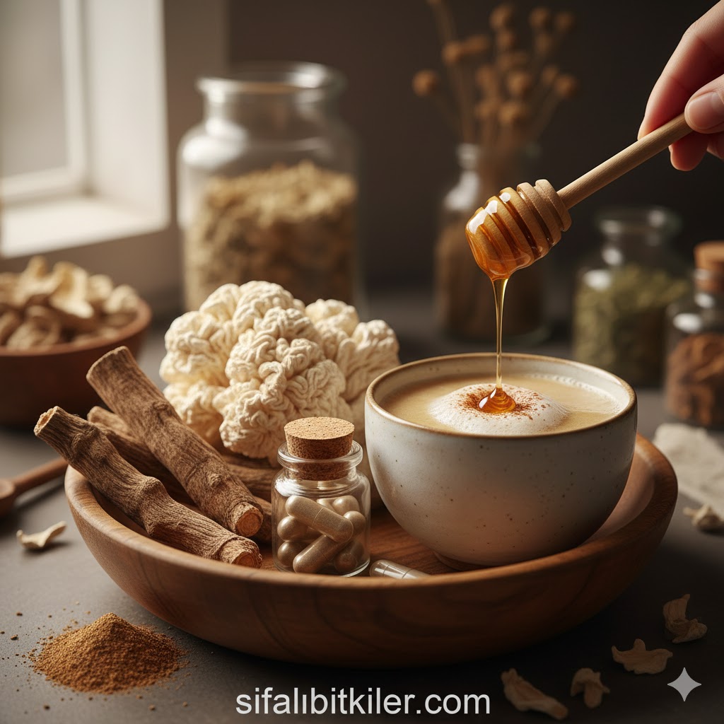 Ashwagandha kullanımı takviyesi alırken dikkat edilmesi gerekenleri ve dozaj bilgilerini temsil eden tıbbi bitki illüstrasyonu.