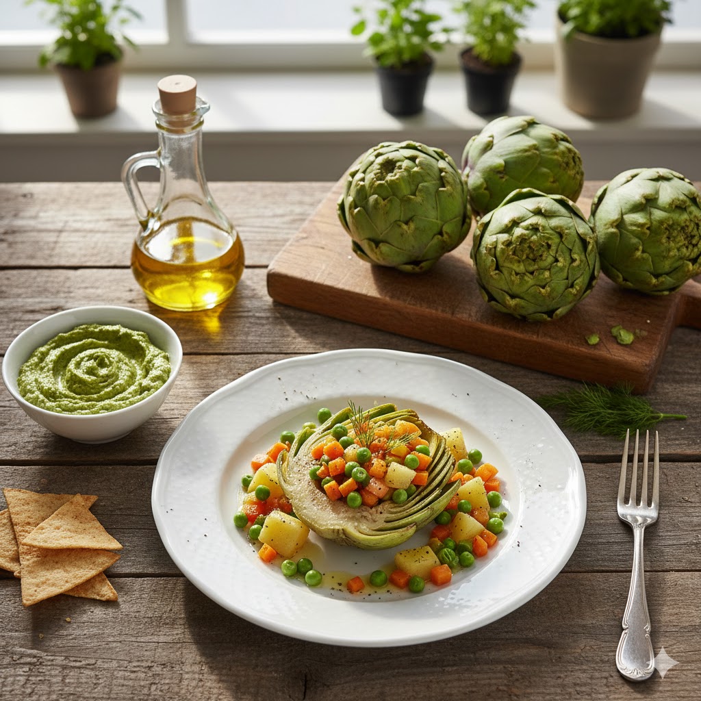 Enginar neye iyi gelir sorusuna yanıt olarak hazırlanan, garnitürlü zeytinyağlı enginar yemeği ve taze bütün enginarlar.