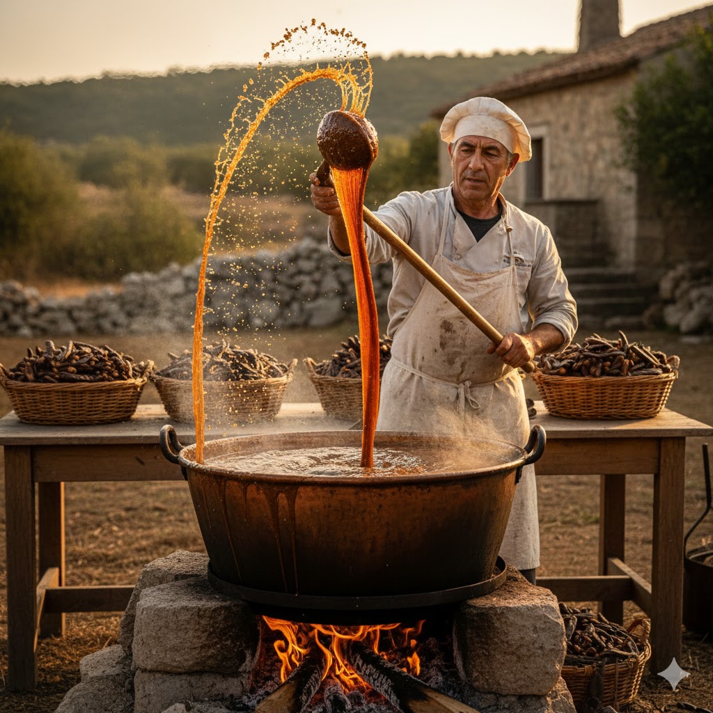 Büyük bir kazanda geleneksel yöntemlerle uygulanan keçiboynuzu pekmezi tarifi ve pekmezi kepçeyle savuran aşçı.