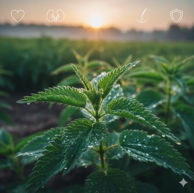 Isırgan otu faydaları: Doğal tarlada yetişen, üzerinde su damlaları olan taze ısırgan otu yaprakları ve saç sağlığı için kullanılan ısırgan kürü