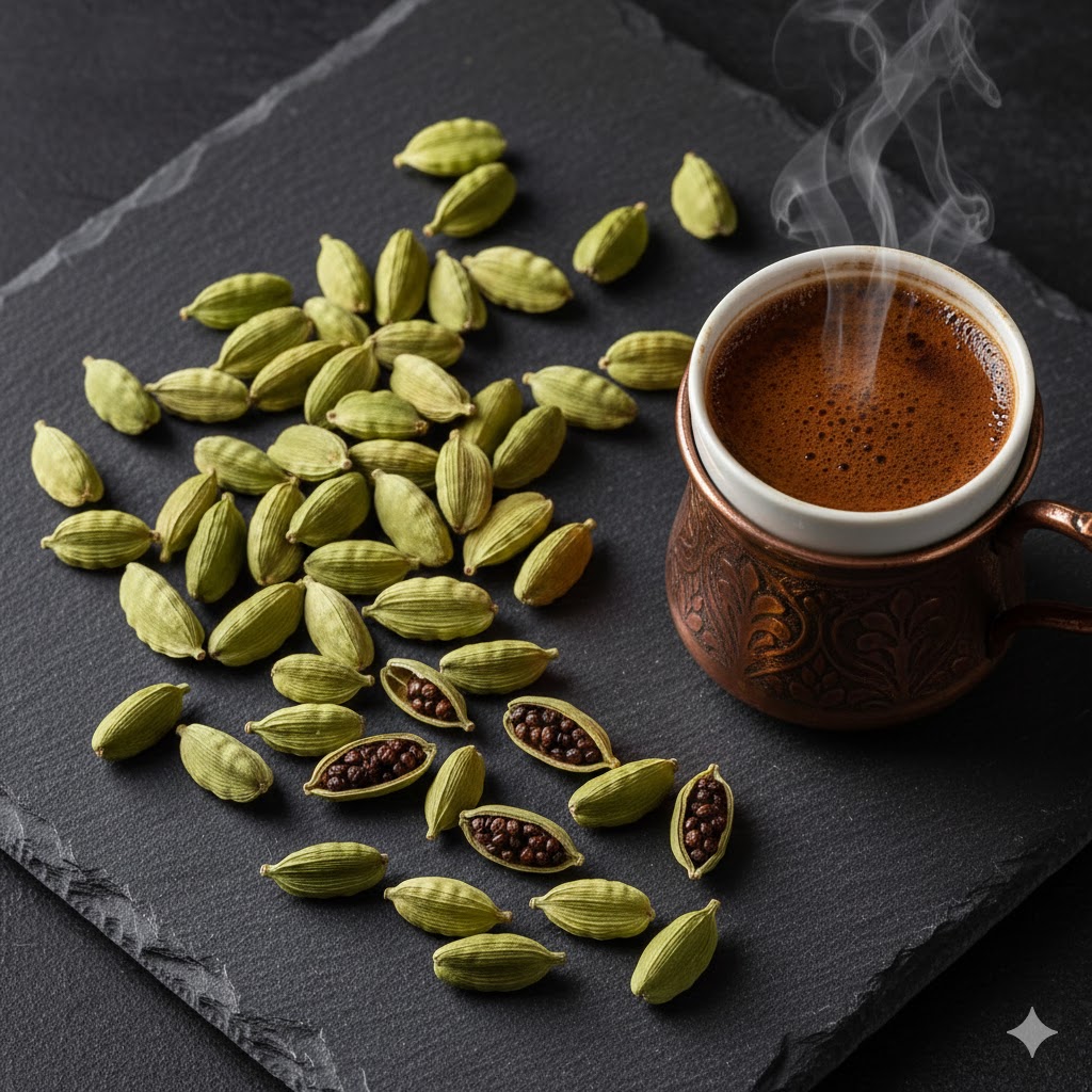 Kakule nedir sorusuna yanıt veren; koyu zeminde yeşil kakule kapsülleri, açık halde duran siyah tohumlar ve aromatik bir fincan kahve.