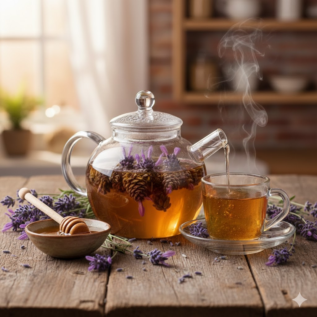 Karabaş otu neye iyi gelir sorusuna yanıt veren; cam demlikte demlenen mor karabaş otu çayı, yanında süzme bal ve şifalı bitki demetleri.