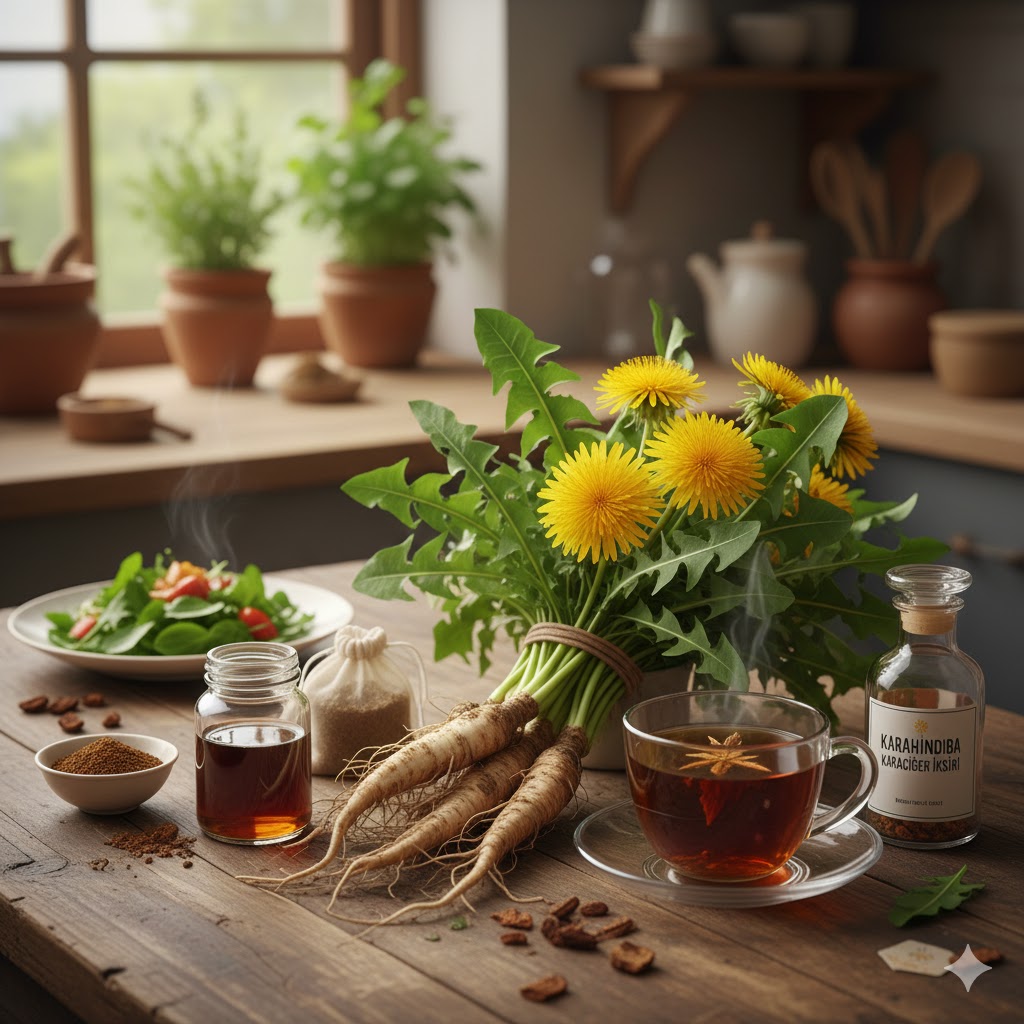 Mutfak masasında taze karahindiba otu ve kökleri, karahindiba kökü neye iyi gelir sorusuna yanıt veren şifalı bitki hazırlığı.