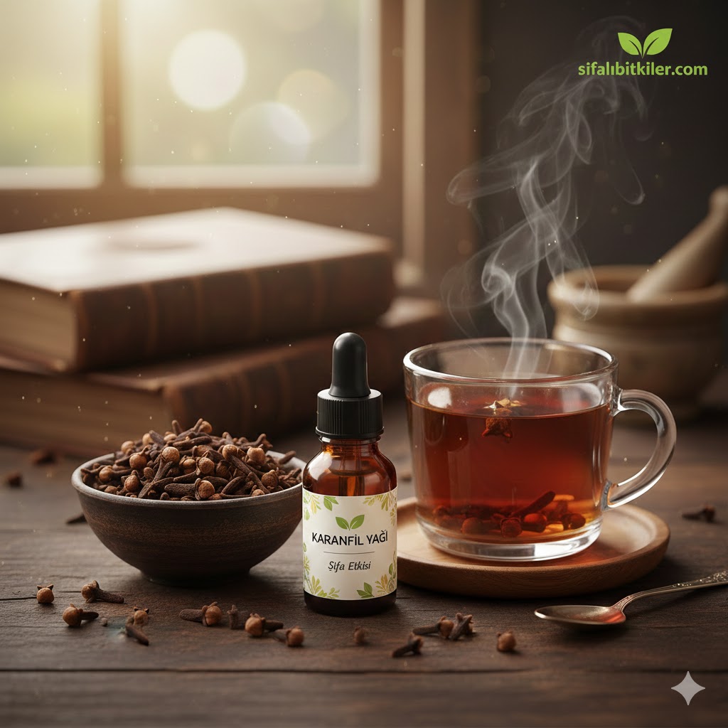 Karanfil taneleri, bir fincan karanfil çayı ve doğal ahşap dekorlar eşliğinde karanfil neye iyi gelir sorusunu betimleyen zengin içerikli şifalı bitki görseli.