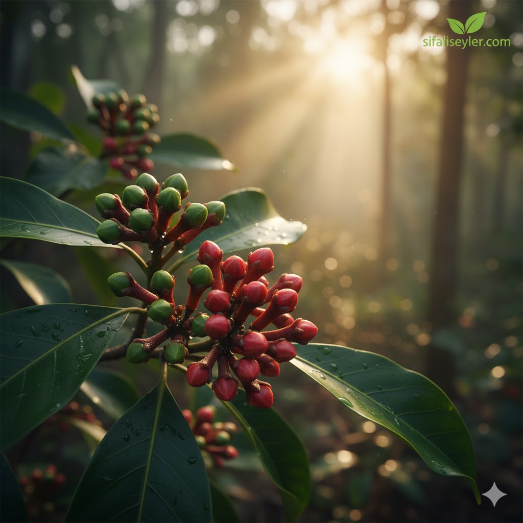 Karanfil taneleri, bir fincan karanfil çayı ve doğal ahşap dekorlar eşliğinde karanfil neye iyi gelir sorusunu betimleyen zengin içerikli şifalı bitki görseli.