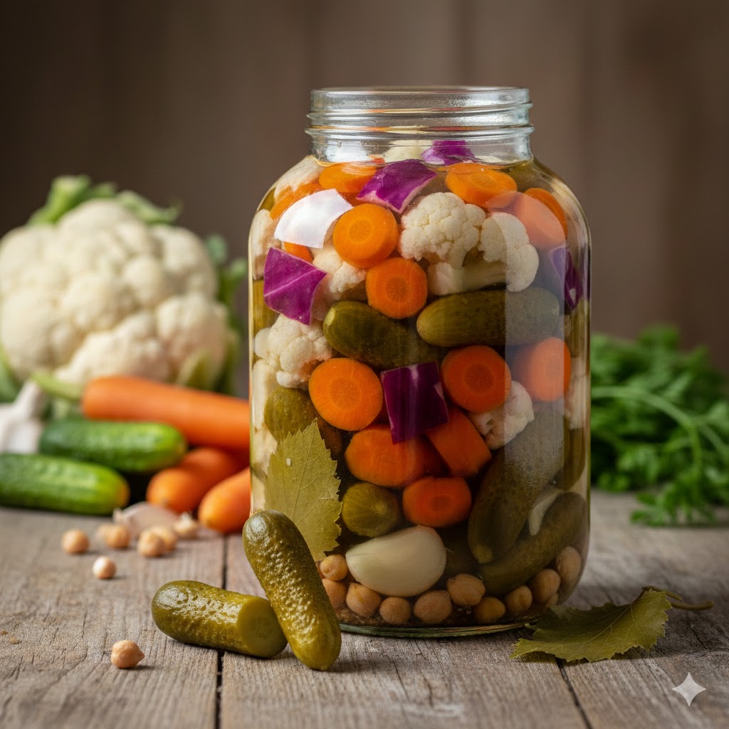 Cam kavanozda kütür kütür karışık turşu tarifi için hazırlanan renkli sebzeler, nohut ve sarımsaklı fermente karışım.
