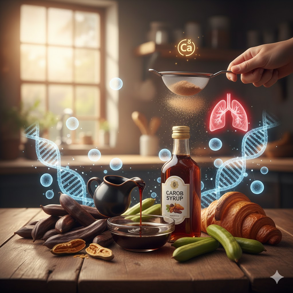 Akdeniz mutfağında keçiboynuzu faydaları ile bilinen doğal meyveler, keçiboynuzu özü ve pekmezi bir arada.