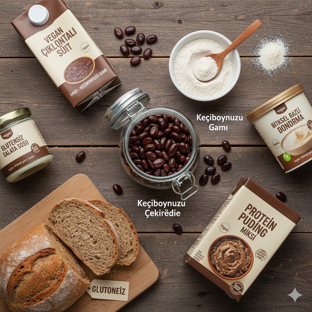 Mutfak masasında cam kapta keçiboynuzu çekirdeği, yanında beyaz keçiboynuzu gamı tozu ve bu doğal kıvam artırıcı ile yapılmış dondurma ve glutensiz ekmek.