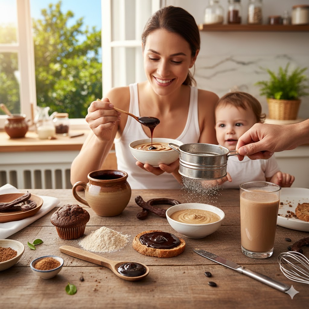 Bebeğini keçiboynuzu özü ile besleyen anne ve masadaki keçiboynuzu faydaları sağlayan doğal ürünler.