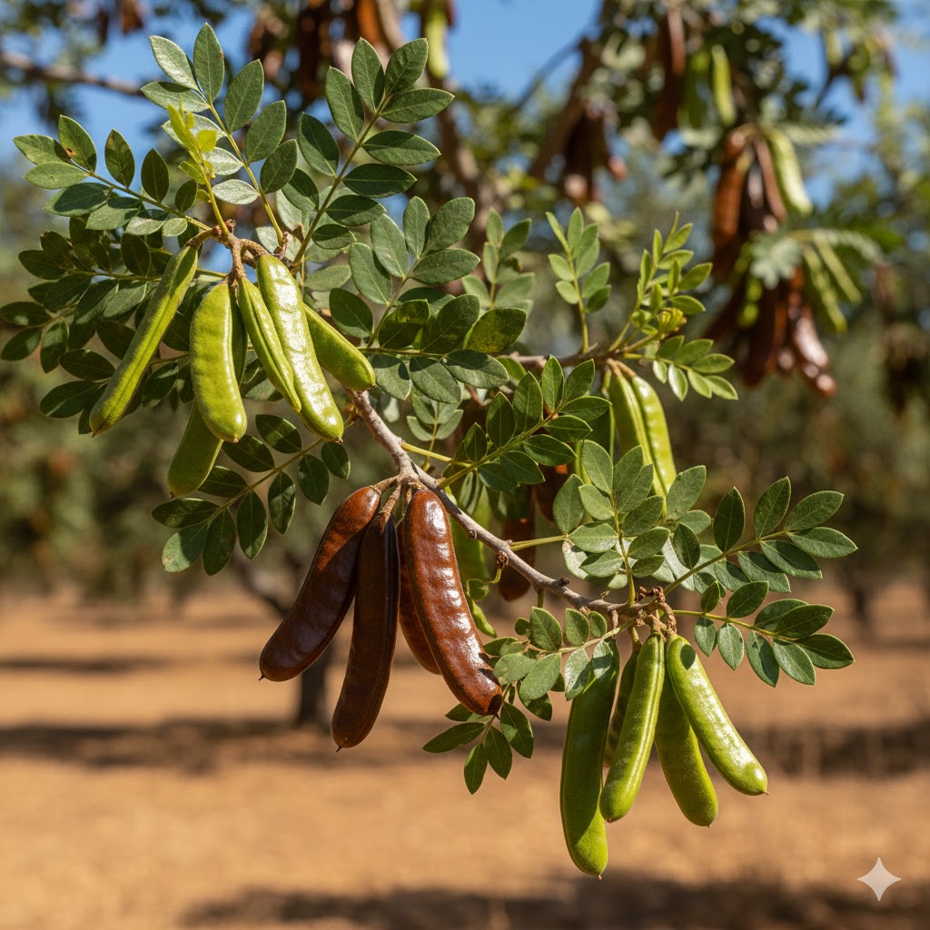 Dalında olgunlaşmış kahverengi ve taze yeşil meyveleriyle keçiboynuzu harnup nedir sorusuna yanıt veren botanik ağaç görseli.
