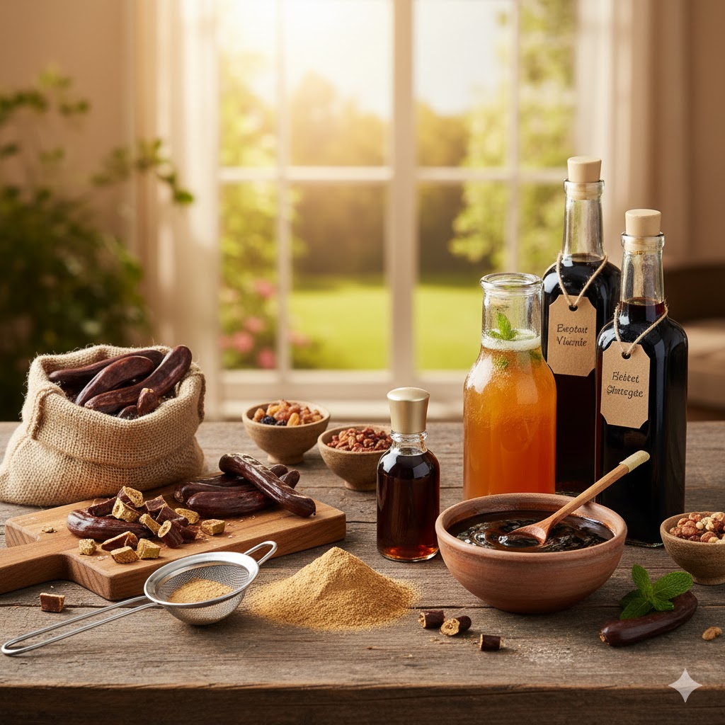 Farklı formlarda hazırlanan keçiboynuzu pekmezi, tozu, kurusu ve sirkesi ile keçiboynuzu nasıl kullanılır sorusuna görsel rehber.