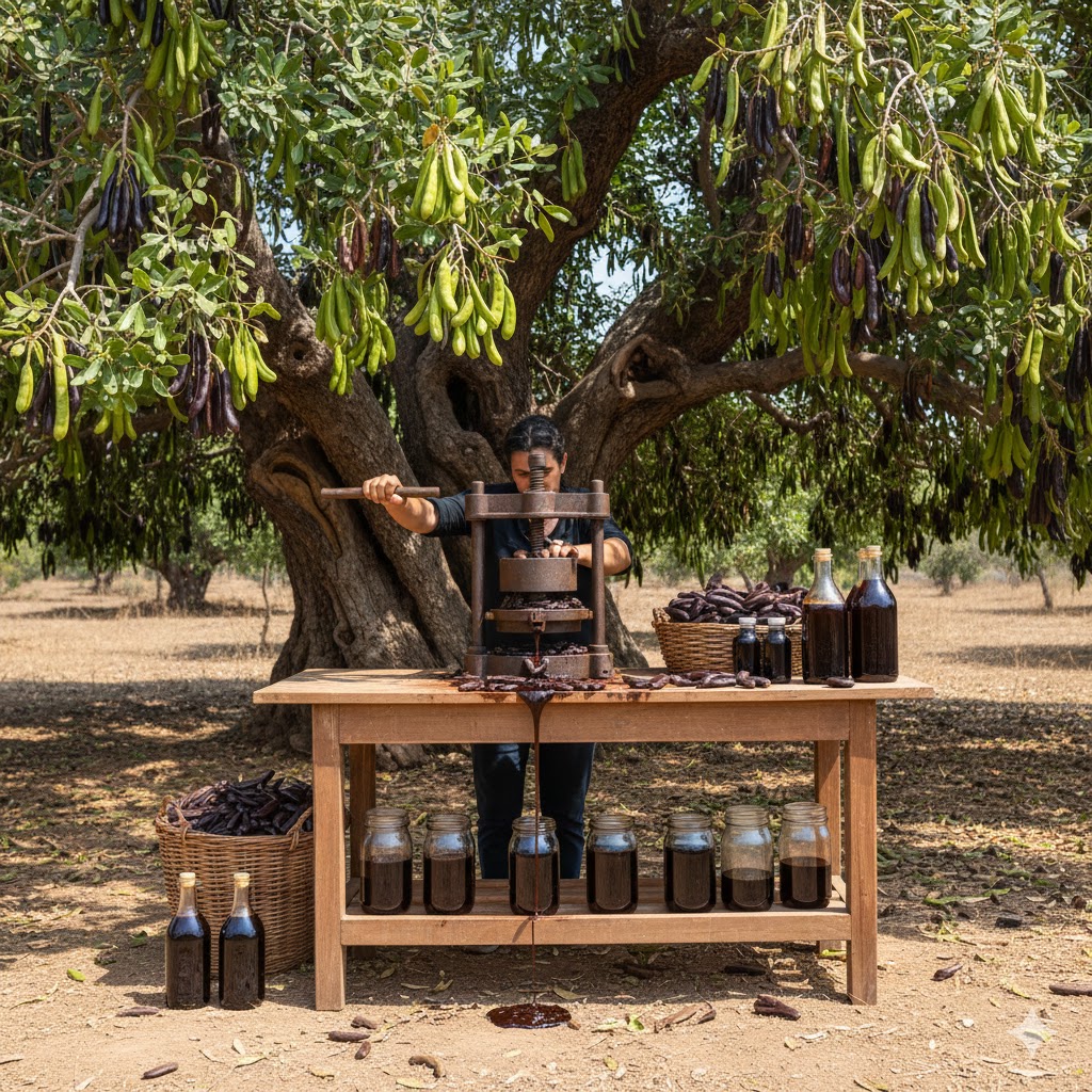 Soğuk pres yöntemiyle besin değerleri korunan, katkısız ve saf keçiboynuzu özü hazırlık süreci.
