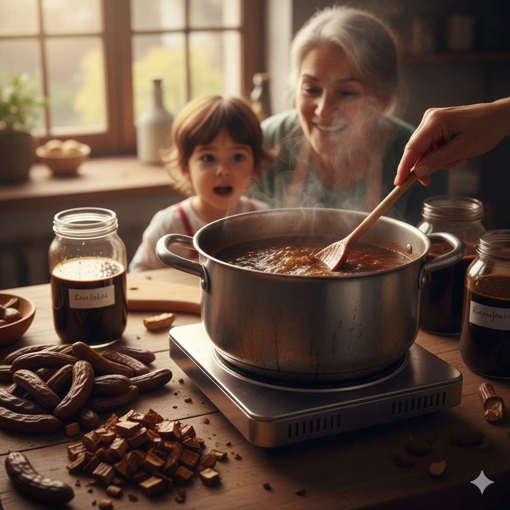 Bu görselde, en doğal keçiboynuzu pekmezi tarifi aşamalarından biri olan kaynatma ve savurma işlemi detaylıca görülmektedir.