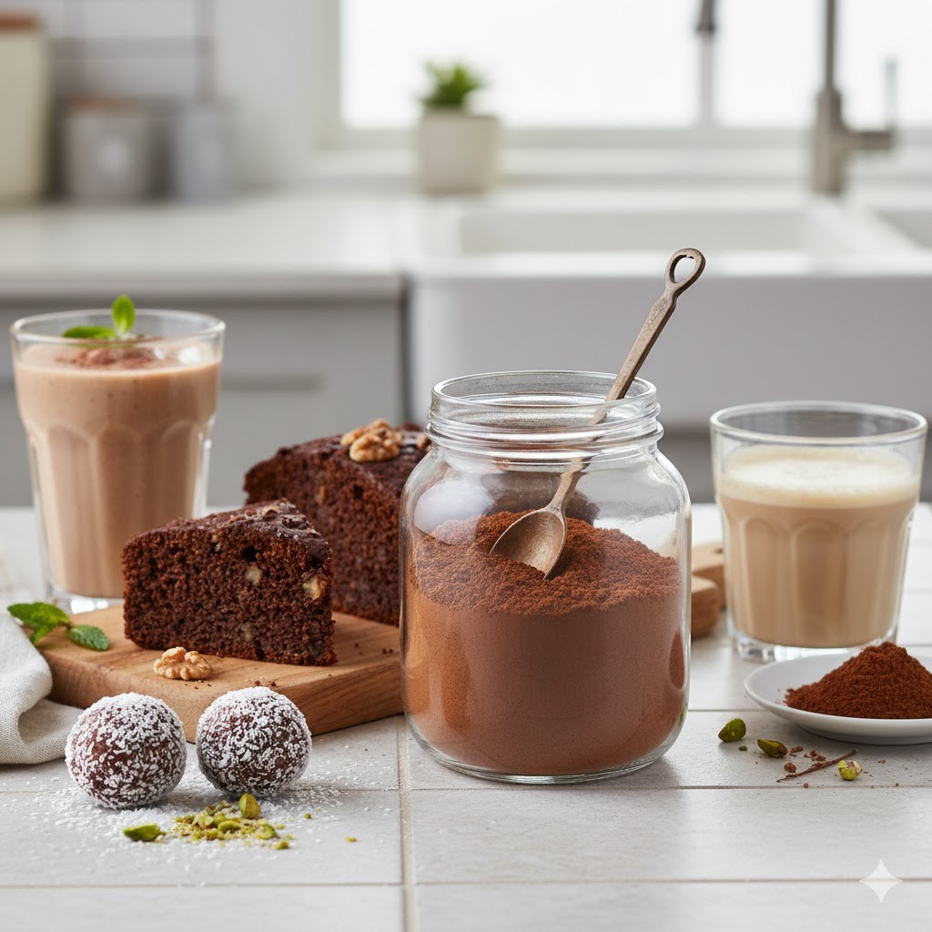 Mutfak tezgahında bir kap keçiboynuzu tozu ve keçiboynuzu tozu ile tarifler ile yapılan etrafında smoothie, kek, enerji topları ve sütlü karışım.