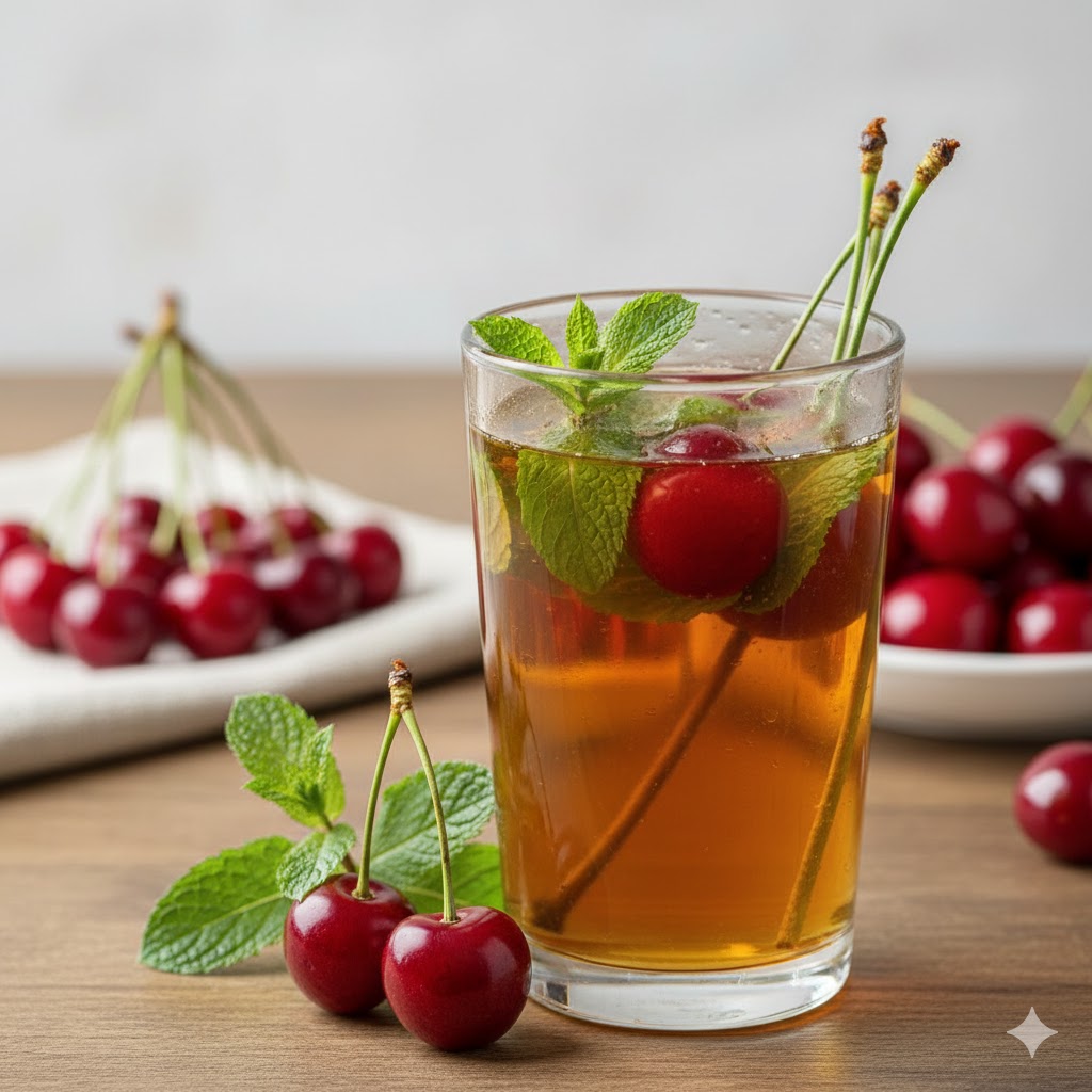 Şık bir cam bardakta demlenmiş kiraz sapı çayı, yanında kurutulmuş kiraz sapları ve taze kirazlarla kiraz sapı neye iyi gelir sorusunu açıklayan görsel.