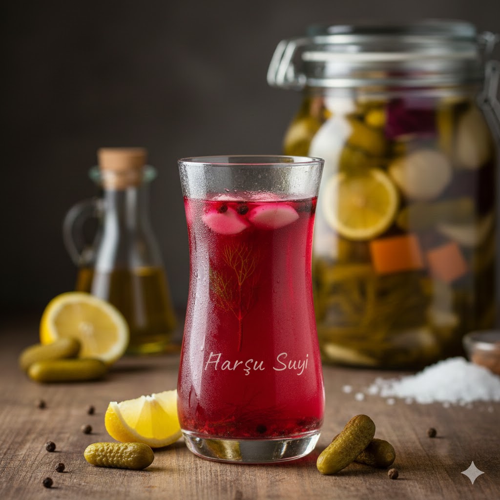 Zarif bir kadehte sunulan, mor lahana ve pancar ile renklendirilmiş, taze sarımsak ve baharatlı kırmızı turşu suyu iksiri.