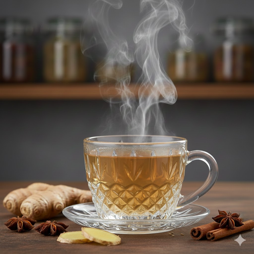 Zarif bir kristal cam bardak içerisinde demlenmiş, rengi altın sarısı zencefil çayı faydaları; yanında taze zencefil kökleri ve dekoratif kış çayı malzemeleri.