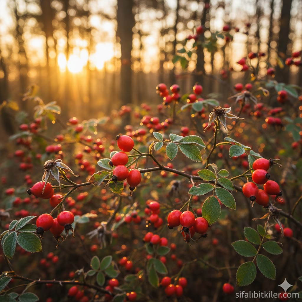 Doğada dalında duran taze kuşburnu meyveleri ve kuşburnu nedir sorusuna yanıt veren şifalı bitki detayları.