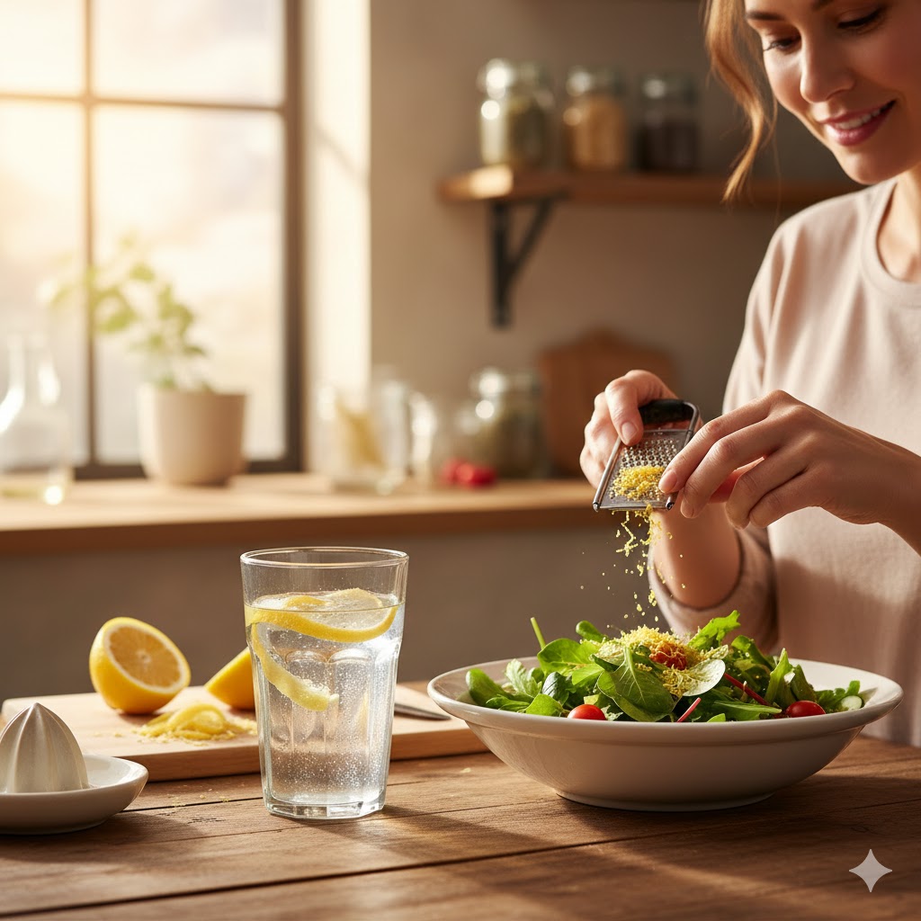 Bir hanımefendi taze salataya limon kabuğu rendeliyor, yanında taze soyulmuş limon kabukları içeren bir bardak su duruyor