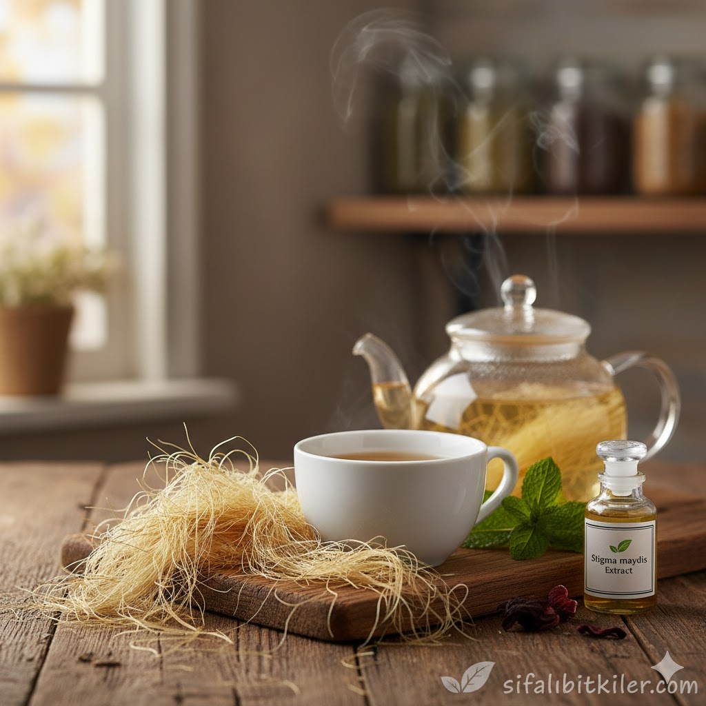 Kurumaya bırakılmış doğal mısır püskülleri, bir bardak mısır püskülü çayı ve arka planda taze mısır koçanları.