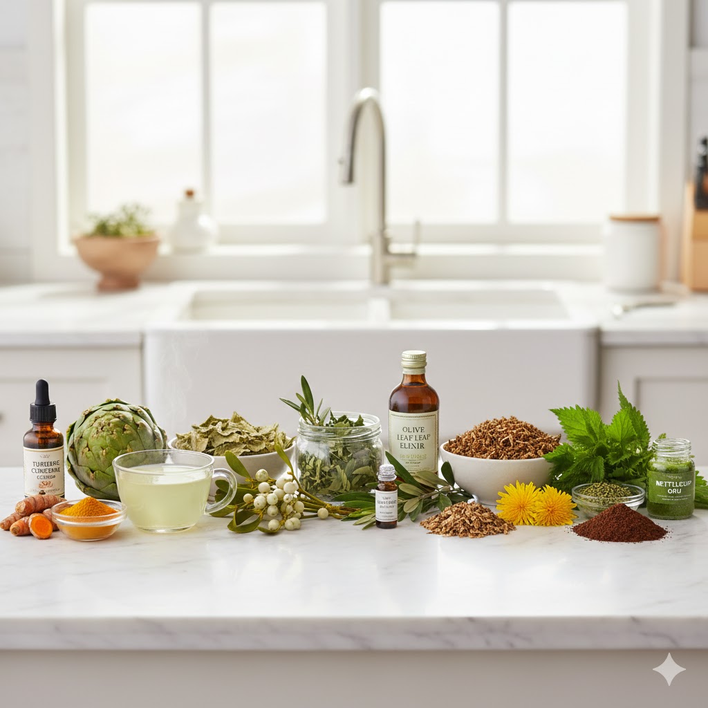 Hangi bitkiyle hangi hastalık tedavi edilir sorusuna yanıt olan; zerdeçal, enginar, ökse otu, zeytin yaprağı, karahindiba ve ısırgan otunun bir arada bulunduğu şifalı bitkiler rehberi görseli.