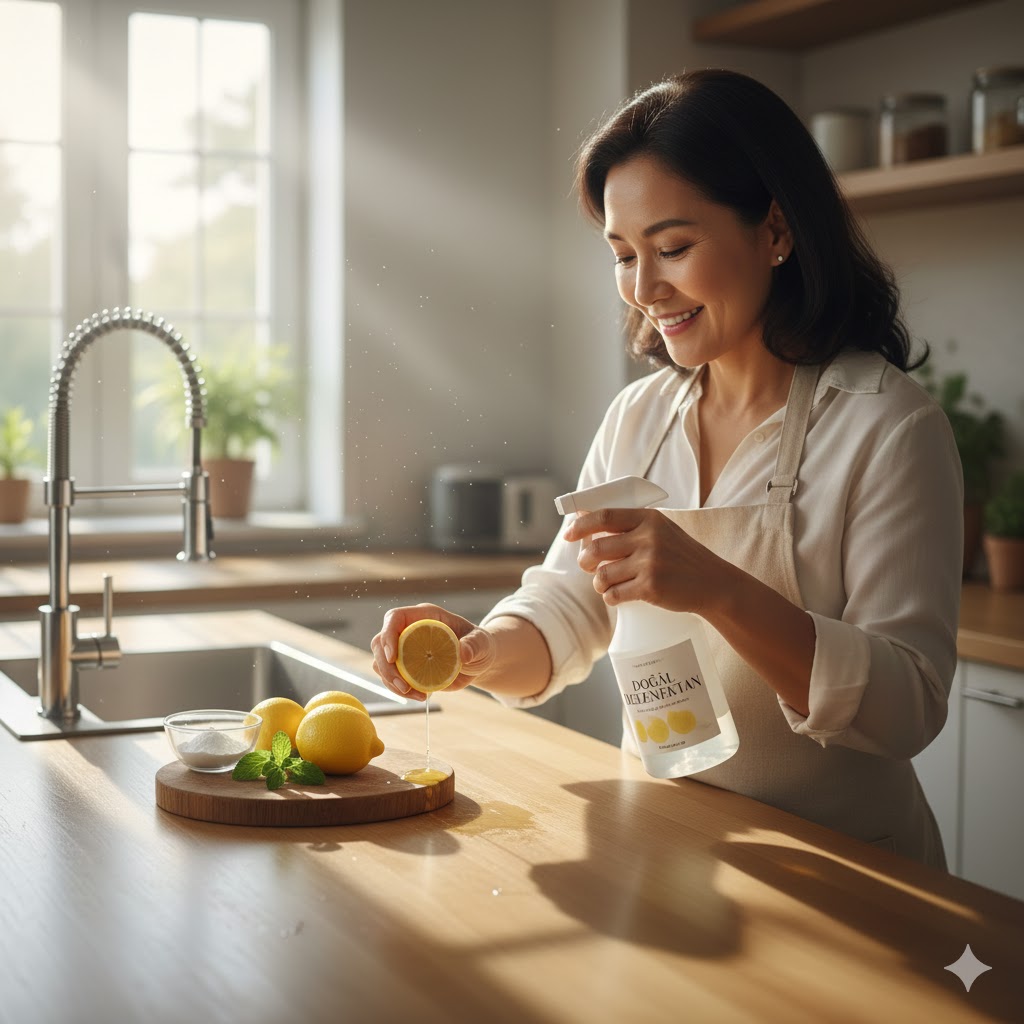 Mutfak tezgahını limon suyu ve doğal dezenfektan spreyi ile temizleyen güler yüzlü bir kadın.