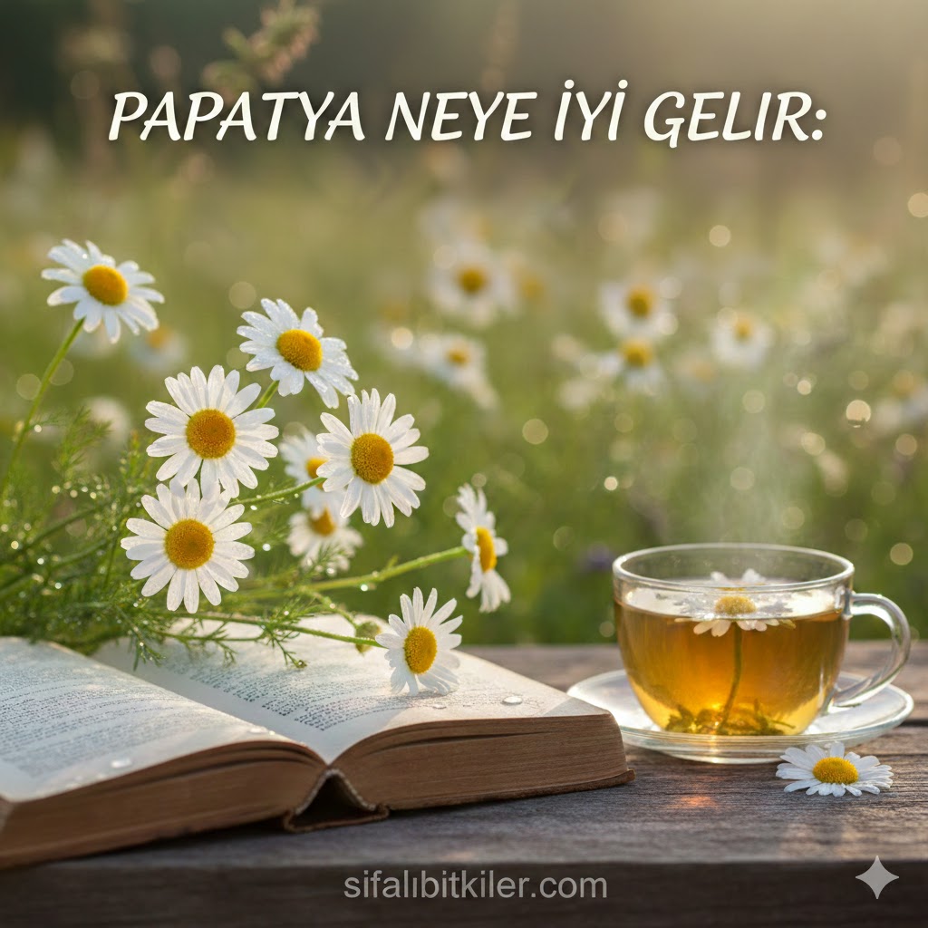 Papatya neye iyi gelir sorusuna yanıt veren, yanında taze papatyalar ve bir fincan bitki çayı bulunan açık kitap görseli.