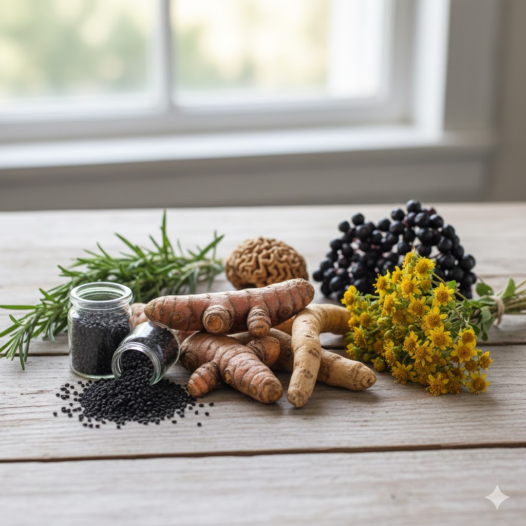 Zerdeçal, çörekotu ve Ashwagandha gibi popüler tıbbi bitkiler masada sergilendiği bilgilendirici kompozisyon.