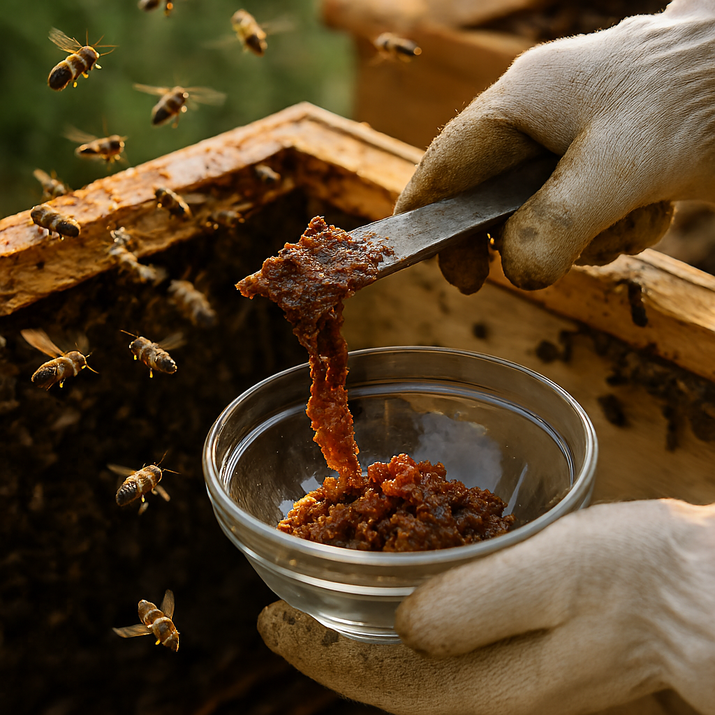 Propolis bağışıklık desteği: arıcı kovandan propolisi toplarken uçuşan arılar ve cam kapta biriken doğal propolis