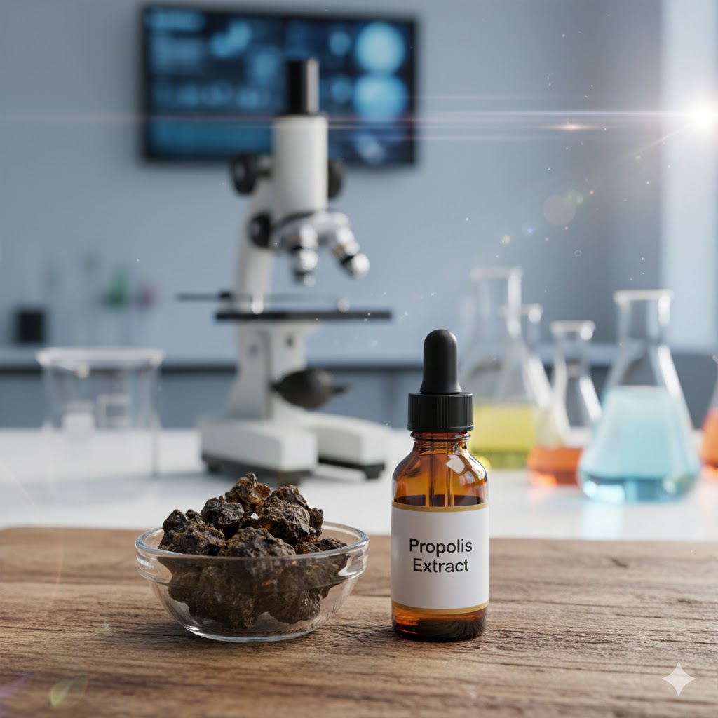 Laboratuvar ortamında mikroskop ve deney tüpleri yanında sergilenen ham propolis ile propolis bilimsel araştırmalar görseli.