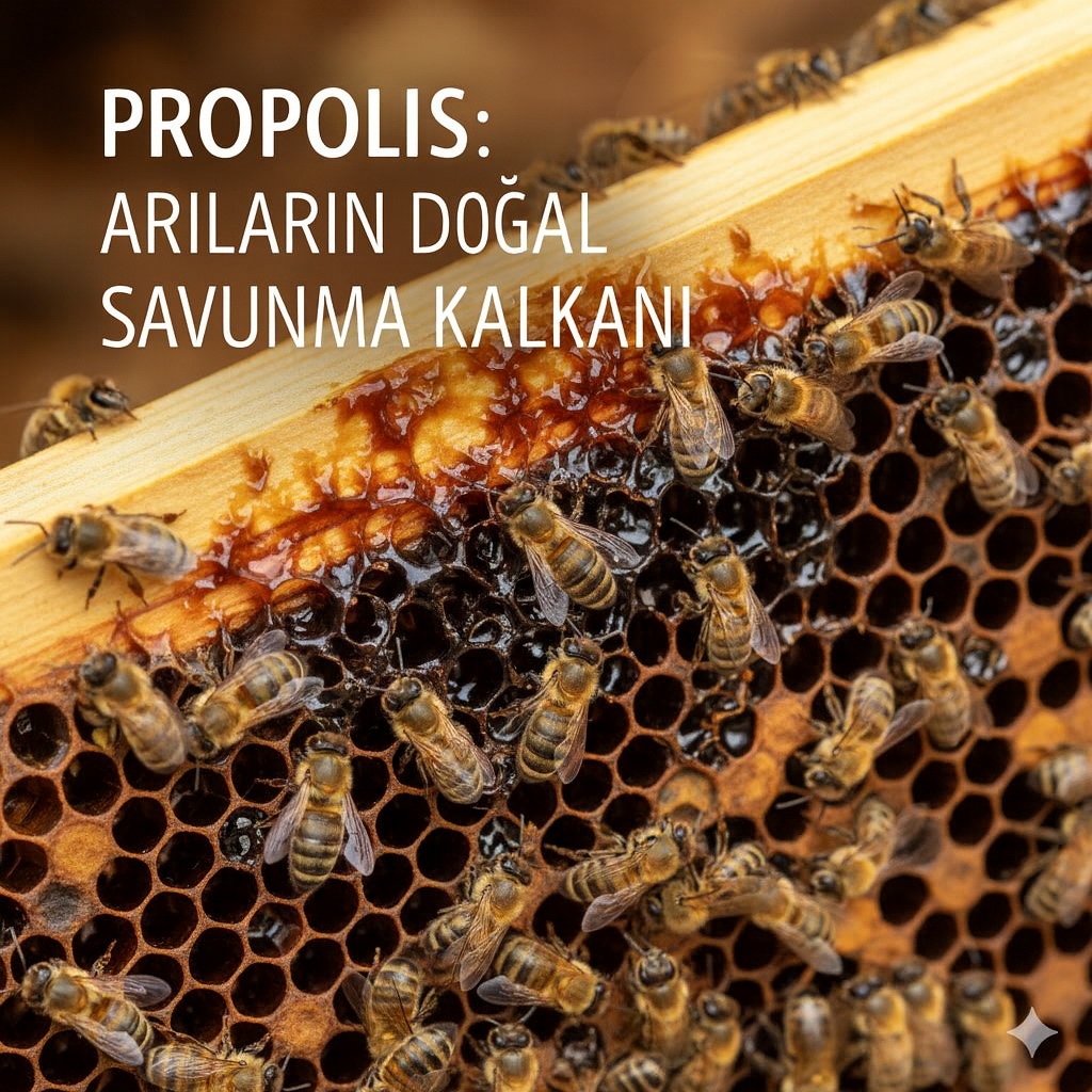 Propolis nedir, Arı kovanında propolisle kaplı petek üzerinde çalışan bal arıları, doğal koruma sürecini gösteriyor.