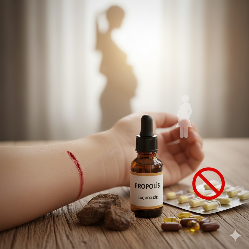 Masa üzerinde ham propolis, işlenmiş propolis şişesi, hamile ikonu ve ilaçlarla birlikte propolis yan etkileri ve güvenli kullanım sembolleri.