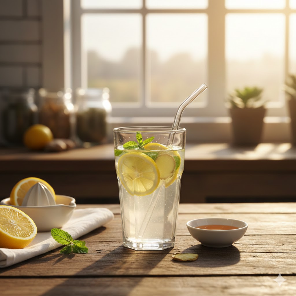 Sabahları limonlu su dolu bardak, içinde cam pipet ve taze limon dilimleri, güneş ışığı alan mutfak masasında.